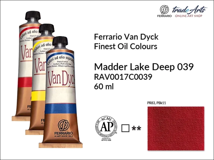 Van Dyck Oil Ferrario Finest Oil Colour - Madder Lake Deep 039, farba olejna Van Dyck Oil Ferrario - Madder Lake Deep 039 tuba 60 ml, Van Dyck Ferrario farba olejna tuba 60 ml, farby, farby olejne, Van Dyck Ferrario,