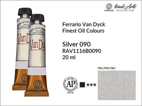 Van Dyck Oil Ferrario Finest Oil Colour - Silver 090 Metal, farba olejna Van Dyck Oil Ferrario - Silver 090 Metal tuba 20 ml, Van Dyck Ferrario farba olejna metaliczna tuba 20 ml, farby olejne, Van Dyck Ferrario,