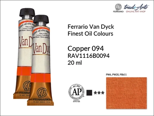 Van Dyck Oil Ferrario Finest Oil Colour - Copper 094 Metal, farba olejna Van Dyck Oil Ferrario - Copper 094 Metal tuba 20 ml, Van Dyck Ferrario farba olejna metaliczna tuba 20 ml, farby olejne, Van Dyck Ferrario,