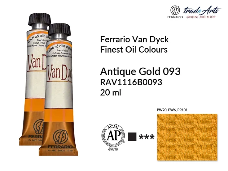 Van Dyck Oil Ferrario Finest Oil Colour - Antique Gold 093 Metal, farba olejna Van Dyck Oil Ferrario - Antique Gold 093 Metal tuba 20 ml, Van Dyck Ferrario farba olejna metaliczna tuba 20 ml, farby olejne, Van Dyck Ferrario,