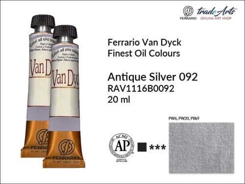 Van Dyck Oil Ferrario Finest Oil Colour - Antique Silver 092 Metal, farba olejna Van Dyck Oil Ferrario - Antique Silver 092 Metal tuba 20 ml, Van Dyck Ferrario farba olejna metaliczna tuba 20 ml, farby olejne, Van Dyck Ferrario,