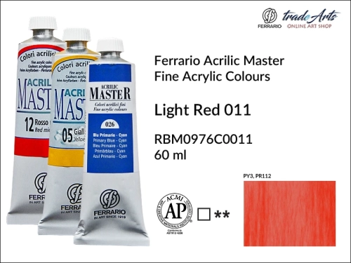 Ferrario Acrilic Master farba akrylowa Light Red 011 tuba 60 ml, farba Light Red 011 Acrilic Master Ferrario, farby akrylowe Acrilic Master Ferrario 60 ml, farby akrylowe Ferrario, akryle, farby akrylowe, Ferrario Acrilic Master,