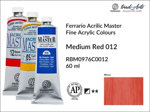 Ferrario Acrilic Master farba akrylowa Medium Red 012 tuba 60 ml, farba Medium Red 012 Acrilic Master Ferrario, farby akrylowe Acrilic Master Ferrario 60 ml, farby akrylowe Ferrario, akryle, farby akrylowe, Ferrario Acrilic Master,