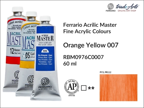 Ferrario Acrilic Master farba akrylowa Orange Yellow 007 tuba 60 ml, farba Orange Yellow 007 Acrilic Master Ferrario, farby akrylowe Acrilic Master Ferrario 60 ml, farby akrylowe Ferrario, akryle, farby akrylowe, Ferrario Acrilic Master,