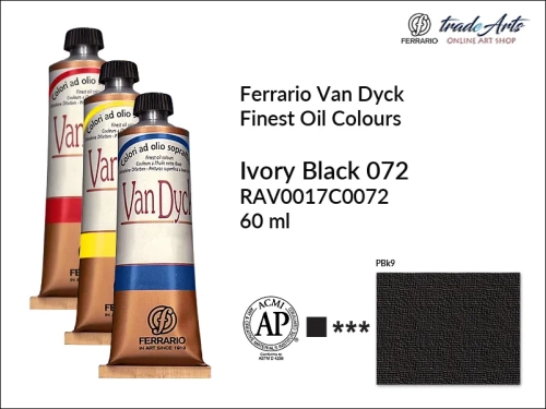 Van Dyck Oil Ferrario Finest Oil Colour - Ivory Black 072,
farba olejna Van Dyck Oil Ferrario - Ivory Black 072 tuba 60 ml, Van Dyck Ferrario farba olejna tuba 60 ml, farby, farby olejne, Van Dyck Ferrario,