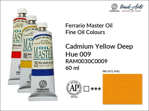 Ferrario Oil Master - Cadmium Yellow Deep Hue 009 farba olejna tuba 60 ml, farba olejna  Ferrario Oil Master - Cadmium Yellow Deep Hue 009 tuba 60 ml, farby olejne Oil Master Ferrario 60 ml, farby olejne, farba olejna Oil Master, Oil Master Ferrario,