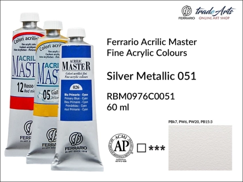 Ferrario Acrilic Master farba akrylowa Silver Metallic 051 tuba 60 ml, farba Silver Metallic 051 Acrilic Master Ferrario, farby akrylowe Acrilic Master Ferrario 60 ml, farby akrylowe metaliczne Ferrario, akryle, farby akrylowe, Ferrario Acrilic Master,