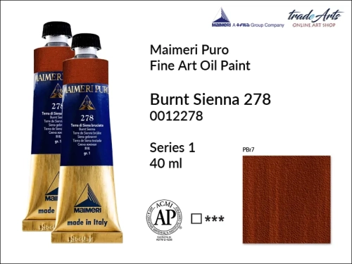 Maimeri Puro Oil Paint farba olejna Burnt Sienna 278 tuba 40 ml, Maimeri Puro farba olejna Burnt Sienna 278 tuba 40 ml,  farby olejne Maimeri Puro, farby olejne, Maimeri Puro Fine Oil Paint, farby olejne tuba 40 ml,