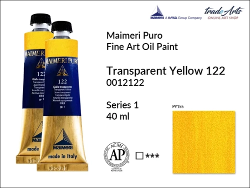 Maimeri Puro Oil Paint farba olejna Transparent Yellow 122 tuba 40 ml, Maimeri Puro farba olejna Transparent Yellow 122 tuba 40 ml,  farby olejne Maimeri Puro, farby olejne, Maimeri Puro Fine Oil Paint, farby olejne tuba 40 ml,