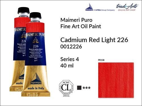 Maimeri Puro Oil Paint farba olejna Cadmium Red Light 226 tuba 40 ml, Maimeri Puro farba olejna Cadmium Red Light 226 tuba 40 ml,  farby olejne Maimeri Puro, farby olejne, Maimeri Puro Fine Oil Paint, farby olejne tuba 40 ml,