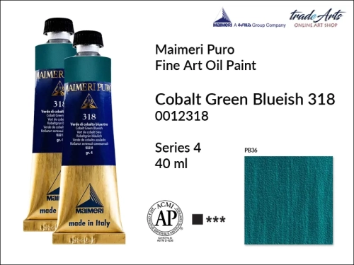 Maimeri Puro Oil Paint farba olejna Cobalt Green Blueish 318 tuba 40 ml, Maimeri Puro farba olejna Cobalt Green Blueish 318 tuba 40 ml,  farby olejne Maimeri Puro, farby olejne, Maimeri Puro Fine Oil Paint, farby olejne tuba 40 ml,
