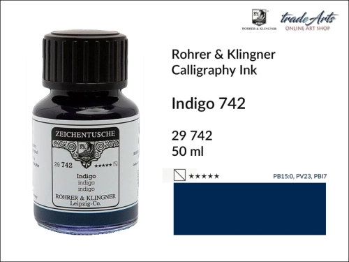 Rohrer &amp; Klingner Calligraphy Ink Indigo 742 but. 50 ml, tusz kaligraficzny Indigo 742 Rohrer &amp; Klingner, Rohrer &amp; Klingner tusz kaligraficzny Indigo 742 but. 50 ml, tusz kaligraficzny, kaligrafia, tusze kreślarskie, atramenty, tusz,