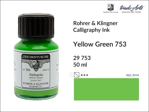 Rohrer &amp; Klingner Calligraphy Ink Yellow Green 753 but. 50 ml, tusz kaligraficzny Yellow Green 753 Rohrer &amp; Klingner, Rohrer &amp; Klingner tusz kaligraficzny Yellow Green 753 but. 50 ml, tusz kaligraficzny, kaligrafia, tusze kreślarskie, atrament