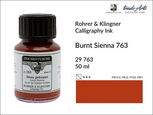 Rohrer &amp; Klingner Calligraphy Ink Burnt Sienna 763 but. 50 ml, tusz kaligraficzny Burnt Sienna 763 Rohrer &amp; Klingner, Rohrer &amp; Klingner tusz kaligraficzny Burnt Sienna 763 but. 50 ml, tusz kaligraficzny, kaligrafia, tusze kreślarskie, atrament