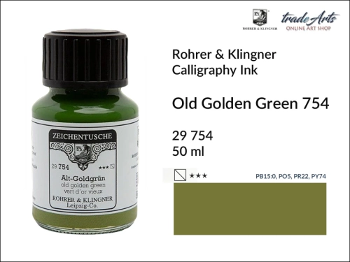 Rohrer &amp; Klingner Calligraphy Ink Old Golden Green 754 but. 50 ml, tusz kaligraficzny Old Golden Green 754 Rohrer &amp; Klingner, Rohrer &amp; Klingner tusz kaligraficzny Old Golden Green 754 but. 50 ml, tusz kaligraficzny,