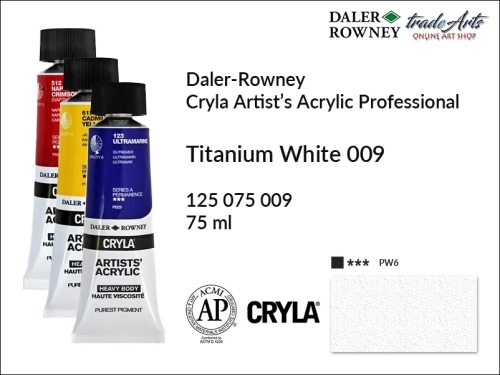 Daler-Rowney Cryla Acrylic Titanium White 009 tuba 75 ml, farba akrylowa Titanium White 009 Cryla Acrylic DR tuba 75 ml, farby akrylowe Cryla Daler-Rowney, akryle Daler-Rowney, farby akrylowe, Cryla Daler-Rowney,