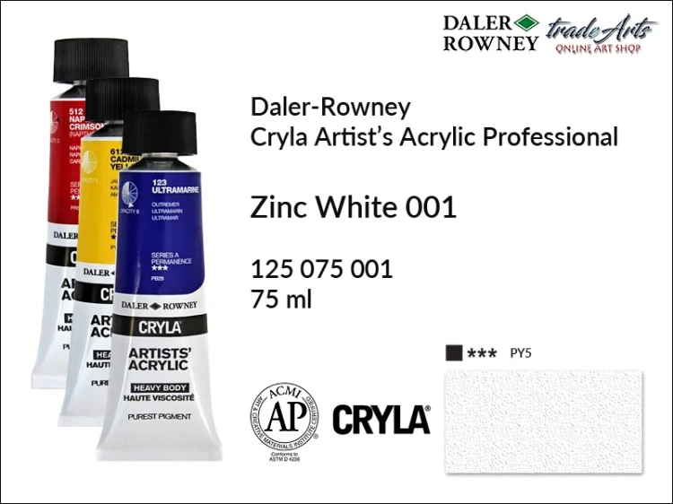 Daler-Rowney Cryla Acrylic Zinc White 001 tuba 75 ml, farba akrylowa Zinc White 001 Cryla Acrylic DR tuba 75 ml, farby akrylowe Cryla Daler-Rowney, akryle Daler-Rowney, farby akrylowe, Cryla Daler-Rowney,