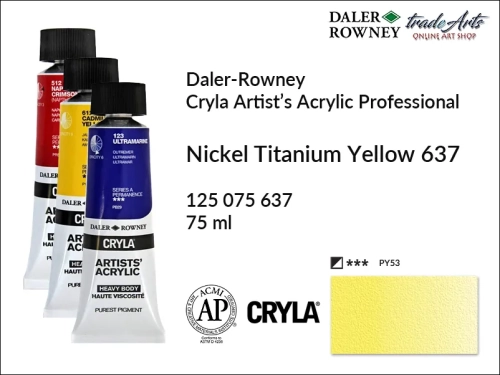 Daler-Rowney Cryla Acrylic Nickel Titanium Yellow 637 tuba 75 ml, farba akrylowa Nickel Titanium Yellow 637 Cryla Acrylic DR tuba 75 ml, farby akrylowe Cryla Daler-Rowney, akryle Daler-Rowney, farby akrylowe, Cryla Daler-Rowney,