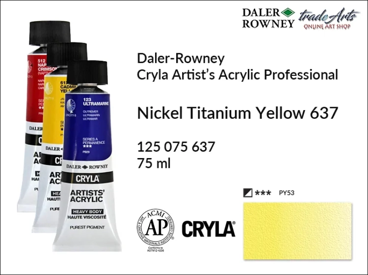 Daler-Rowney Cryla Acrylic Nickel Titanium Yellow 637 tuba 75 ml, farba akrylowa Nickel Titanium Yellow 637 Cryla Acrylic DR tuba 75 ml, farby akrylowe Cryla Daler-Rowney, akryle Daler-Rowney, farby akrylowe, Cryla Daler-Rowney,