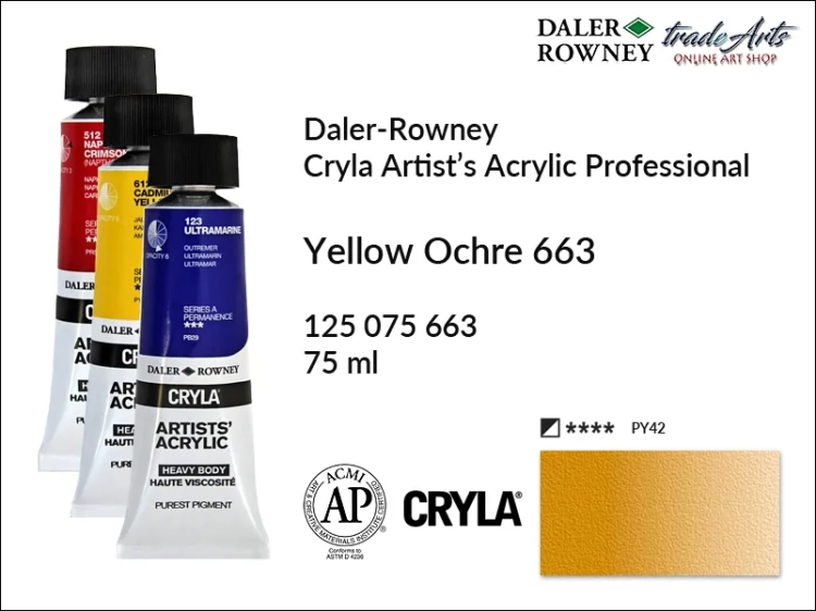 Daler-Rowney Cryla Acrylic Yellow Ochre 663 tuba 75 ml, farba akrylowa Yellow Ochre 663 Cryla Acrylic DR tuba 75 ml, farby akrylowe Cryla Daler-Rowney, akryle Daler-Rowney, farby akrylowe, Cryla Daler-Rowney,