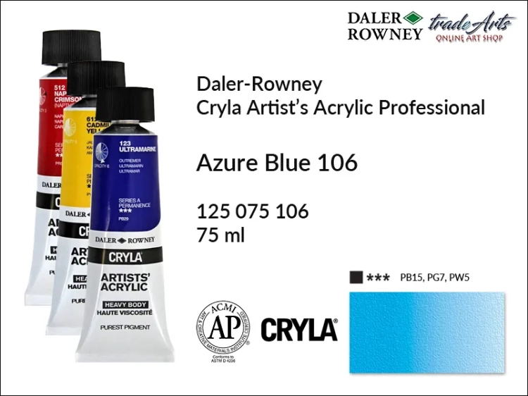 Daler-Rowney Cryla Acrylic Azure Blue 106 tuba 75 ml, farba akrylowa Azure Blue 106 Cryla Acrylic DR tuba 75 ml, farby akrylowe Cryla Daler-Rowney, akryle Daler-Rowney, farby akrylowe, Cryla Daler-Rowney,