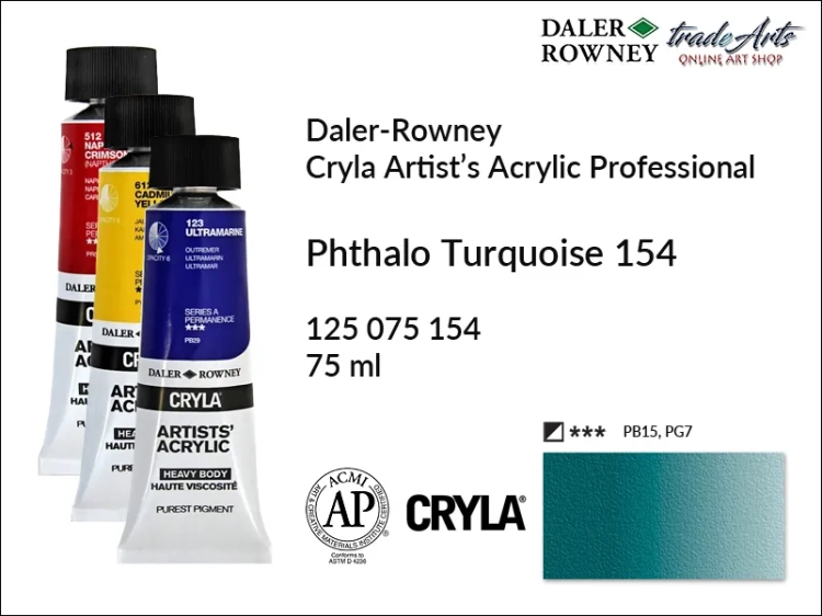 Daler-Rowney Cryla Acrylic Phthalo Turquoise 154 tuba 75 ml, farba akrylowa Phthalo Turquoise 154 Cryla Acrylic DR tuba 75 ml, farby akrylowe Cryla Daler-Rowney, akryle Daler-Rowney, farby akrylowe, Cryla Daler-Rowney,
