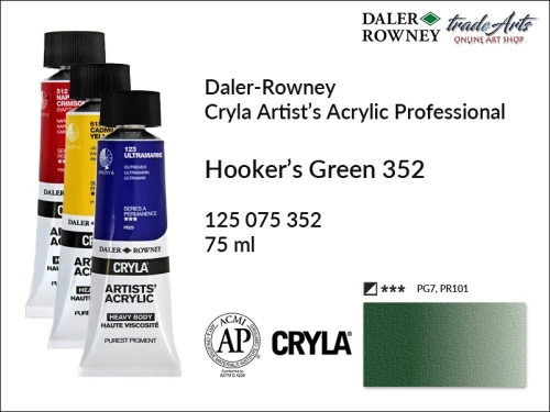 Daler-Rowney Cryla Acrylic Hooker's Green 352 tuba 75 ml, farba akrylowa Hooker's Green 352 Cryla Acrylic DR tuba 75 ml, farby akrylowe Cryla Daler-Rowney, akryle Daler-Rowney, farby akrylowe, Cryla Daler-Rowney,