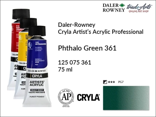 Daler-Rowney Cryla Acrylic Phthalo Green 361 tuba 75 ml, farba akrylowa Phthalo Green 361 Cryla Acrylic DR tuba 75 ml, farby akrylowe Cryla Daler-Rowney, akryle Daler-Rowney, farby akrylowe, Cryla Daler-Rowney,