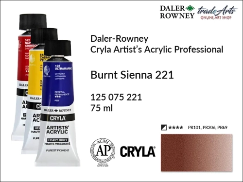 Daler-Rowney Cryla Acrylic Burnt Sienna 221 tuba 75 ml, farba akrylowa Burnt Sienna 221 Cryla Acrylic DR tuba 75 ml, farby akrylowe Cryla Daler-Rowney, akryle Daler-Rowney, farby akrylowe, Cryla Daler-Rowney,