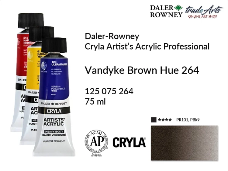 Daler-Rowney Cryla Acrylic Vandyke Brown Hue 264 tuba 75 ml, farba akrylowa Vandyke Brown Hue 264 Cryla Acrylic DR tuba 75 ml, farby akrylowe Cryla Daler-Rowney, akryle Daler-Rowney, farby akrylowe, Cryla Daler-Rowney,