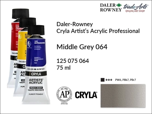 Daler-Rowney Cryla Acrylic Middle Grey 064 tuba 75 ml, farba akrylowa Middle Grey 064 Cryla Acrylic DR tuba 75 ml, farby akrylowe Cryla Daler-Rowney, akryle Daler-Rowney, farby akrylowe, Cryla Daler-Rowney,