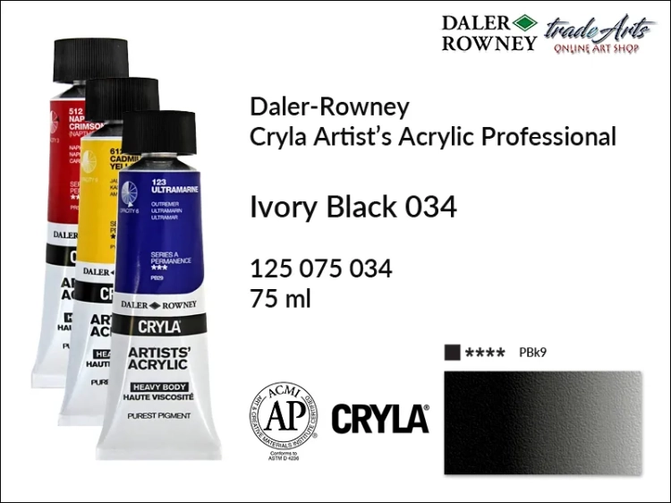 Daler-Rowney Cryla Acrylic Ivory Black 034 tuba 75 ml, farba akrylowa Ivory Black 034 Cryla Acrylic DR tuba 75 ml, farby akrylowe Cryla Daler-Rowney, akryle Daler-Rowney, farby akrylowe, Cryla Daler-Rowney,