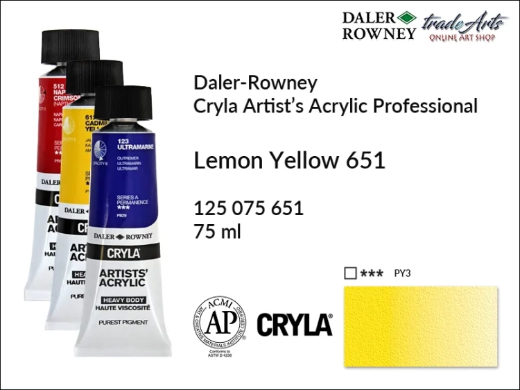 Daler-Rowney Cryla Acrylic Lemon Yellow 651 tuba 75 ml, farba akrylowa Lemon Yellow 651 Cryla Acrylic DR tuba 75 ml, farby akrylowe Cryla Daler-Rowney, akryle Daler-Rowney, farby akrylowe, Cryla Daler-Rowney,