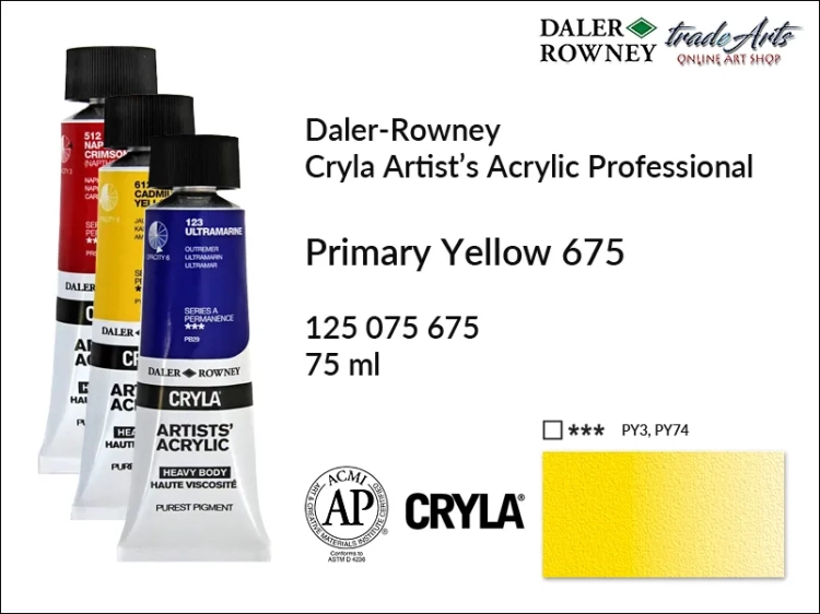 Daler-Rowney Cryla Acrylic Primary Yellow 675 tuba 75 ml, farba akrylowa Primary Yellow 675 Cryla Acrylic DR tuba 75 ml, farby akrylowe Cryla Daler-Rowney, akryle Daler-Rowney, farby akrylowe, Cryla Daler-Rowney,