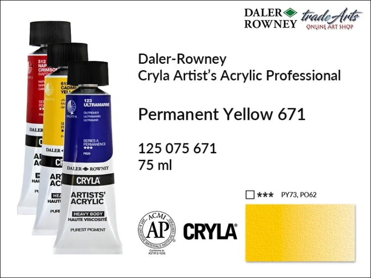Daler-Rowney Cryla Acrylic Permanent Yellow 671 tuba 75 ml, farba akrylowa Permanent Yellow 671 Cryla Acrylic DR tuba 75 ml, farby akrylowe Cryla Daler-Rowney, akryle Daler-Rowney, farby akrylowe, Cryla Daler-Rowney,