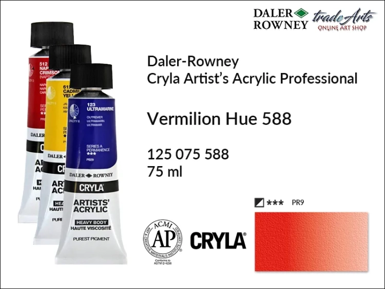 Daler-Rowney Cryla Acrylic Vermilion Hue 588 tuba 75 ml, farba akrylowa Vermilion Hue 588 Cryla Acrylic DR tuba 75 ml, farby akrylowe Cryla Daler-Rowney, akryle Daler-Rowney, farby akrylowe, Cryla Daler-Rowney,