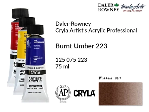 Daler-Rowney Cryla Acrylic Burnt Umber 223 tuba 75 ml, farba akrylowa Burnt Umber 223 Cryla Acrylic DR tuba 75 ml, farby akrylowe Cryla Daler-Rowney, akryle Daler-Rowney, farby akrylowe, Cryla Daler-Rowney,