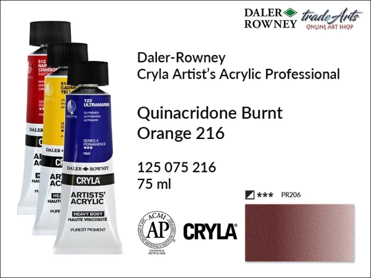 Daler-Rowney Cryla Acrylic Quinacridone Burnt Orange 216 tuba 75 ml, farba akrylowa Quinacridone Burnt Orange 216 Cryla Acrylic DR tuba 75 ml, farby akrylowe Cryla Daler-Rowney, akryle Daler-Rowney, farby akrylowe, Cryla Daler-Rowney,