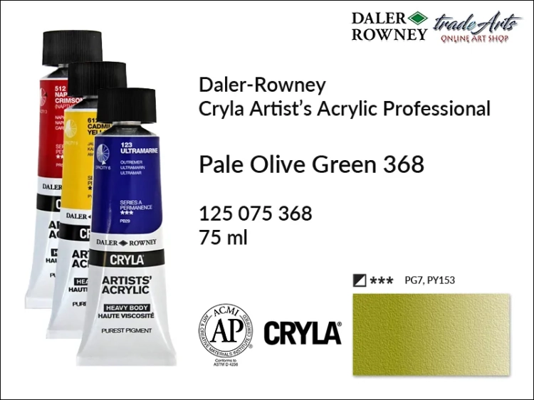 Daler-Rowney Cryla Acrylic Pale Olive Green 368 tuba 75 ml, farba akrylowa Pale Olive Green 368 Cryla Acrylic DR tuba 75 ml, farby akrylowe Cryla Daler-Rowney, akryle Daler-Rowney, farby akrylowe, Cryla Daler-Rowney,