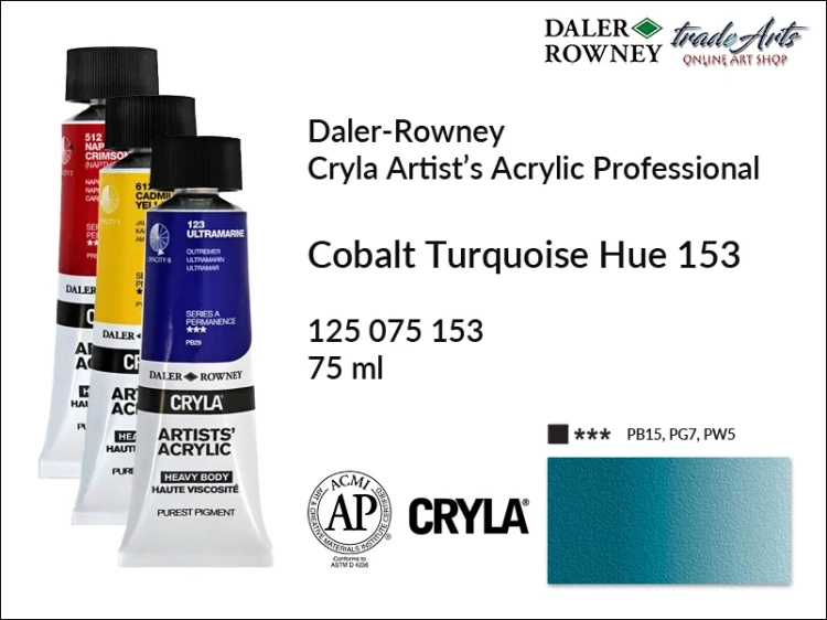 Daler-Rowney Cryla Acrylic Cobalt Turquoise Hue 153 tuba 75 ml, farba akrylowa Cobalt Turquoise Hue 153 Cryla Acrylic DR tuba 75 ml, farby akrylowe Cryla Daler-Rowney, akryle Daler-Rowney, farby akrylowe, Cryla Daler-Rowney,