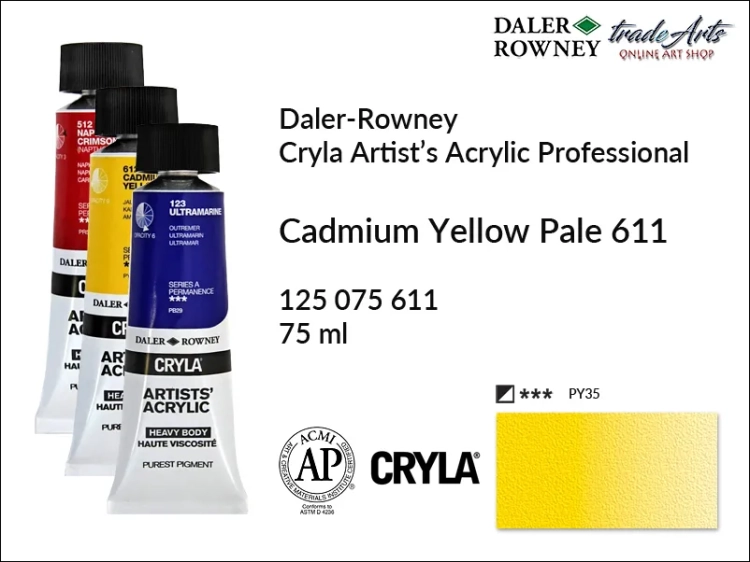 Daler-Rowney Cryla Acrylic Cadmium Yellow Pale 611 tuba 75 ml, farba akrylowa Cadmium Yellow Pale 611 Cryla Acrylic DR tuba 75 ml, farby akrylowe Cryla Daler-Rowney, akryle Daler-Rowney, farby akrylowe, Cryla Daler-Rowney,