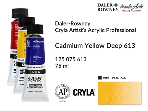 Daler-Rowney Cryla Acrylic Cadmium Yellow Deep 613 tuba 75 ml, farba akrylowa Cadmium Yellow Deep 613 Cryla Acrylic DR tuba 75 ml, farby akrylowe Cryla Daler-Rowney, akryle Daler-Rowney, farby akrylowe, Cryla Daler-Rowney,