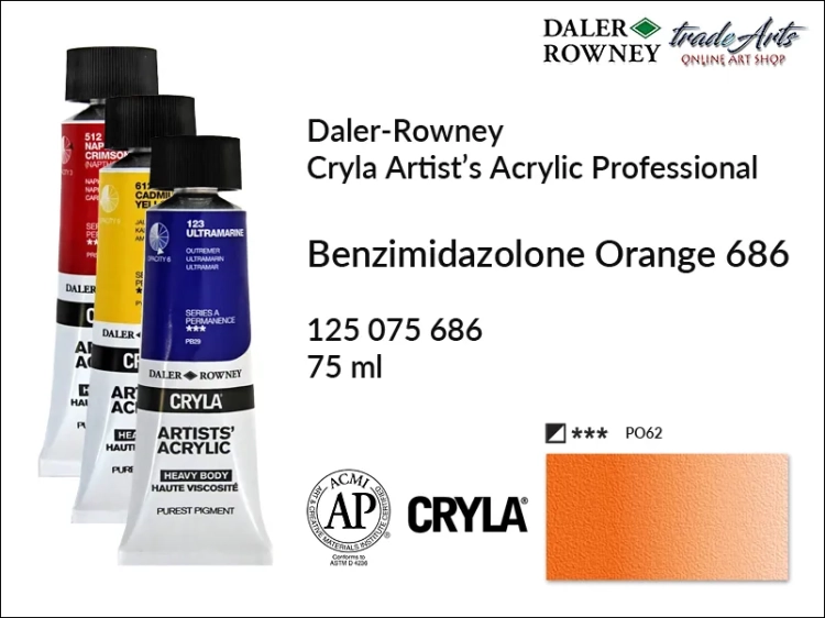 Daler-Rowney Cryla Acrylic Benzimidazolone Orange 686 tuba 75 ml, farba akrylowa Benzimidazolone Orange 686 Cryla Acrylic DR tuba 75 ml, farby akrylowe Cryla Daler-Rowney, akryle Daler-Rowney, farby akrylowe, Cryla Daler-Rowney,