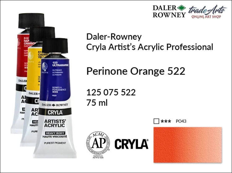 Daler-Rowney Cryla Acrylic Perinone Orange 522 tuba 75 ml, farba akrylowa Perinone Orange 522 Cryla Acrylic DR tuba 75 ml, farby akrylowe Cryla Daler-Rowney, akryle Daler-Rowney, farby akrylowe, Cryla Daler-Rowney,
