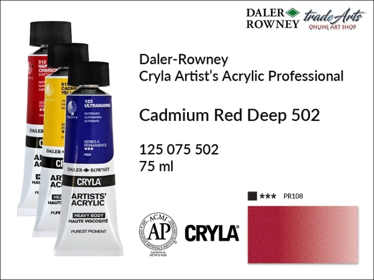 Daler-Rowney Cryla Acrylic Cadmium Red Deep 502 tuba 75 ml, farba akrylowa Cadmium Red Deep 502 Cryla Acrylic DR tuba 75 ml, farby akrylowe Cryla Daler-Rowney, akryle Daler-Rowney, farby akrylowe, Cryla Daler-Rowney,