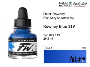 Tusz akrylowy FW Artist's Acrylic Ink Daler-Rowney, kolor: Rowney Blue 119, opak. 29,50 ml