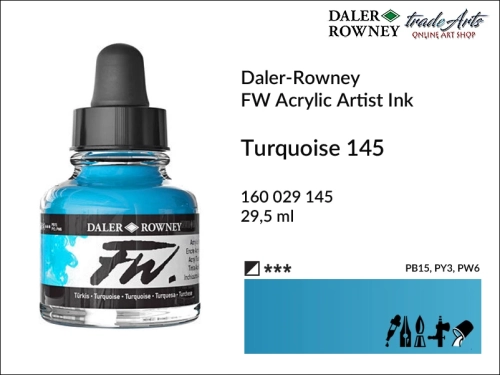 Daler-Rowney FW Acrylic Ink - Turquoise 145 but. 29  ml, tusz
akrylowy FW Acrylic Ink Turquoise 145 but. 29 ml Daler-Rowney, Daler-Rowney FW Acrylic Ink tusz akrylowy Turquoise 145, tusz akrylowy Daler-Rowney, aerograf, tusze, Daler-Rowney,