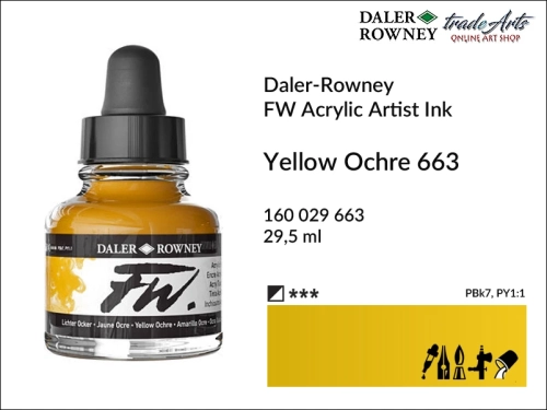 Tusz akrylowy Artist's Acrylic Ink Daler-Rowney, Daler-Rowney tusz akrylowy Artist's Acrylic Ink, tusz akrylowy Yellow Ochre 663 Daler-Rowney, tusz akrylowy do aerografów Daler-Rowney, tradearts,