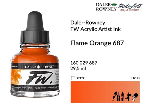Tusz akrylowy Artist's Acrylic Ink Daler-Rowney, Daler-Rowney tusz akrylowy Artist's Acrylic Ink, tusz akrylowy Flame Orange 687 Daler-Rowney, tusz akrylowy do aerografów Daler-Rowney, tradearts,