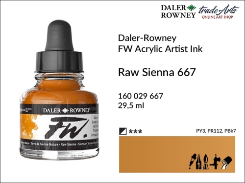 Tusz akrylowy Artist's Acrylic Ink Daler-Rowney, Daler-Rowney tusz akrylowy Artist's Acrylic Ink, tusz akrylowy Raw Sienna 667 Daler-Rowney, tusz akrylowy do aerografów Daler-Rowney, tradearts,